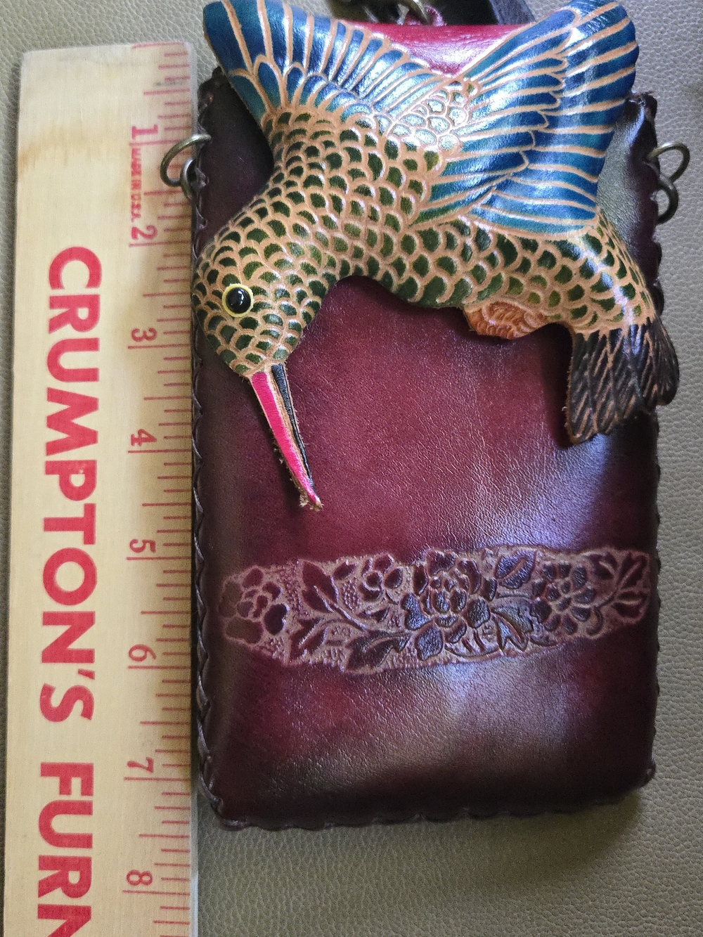Handmade Burgundy Leather Crossbody Bag with Colorful Hummingbird Accent - Picture 5 of 7